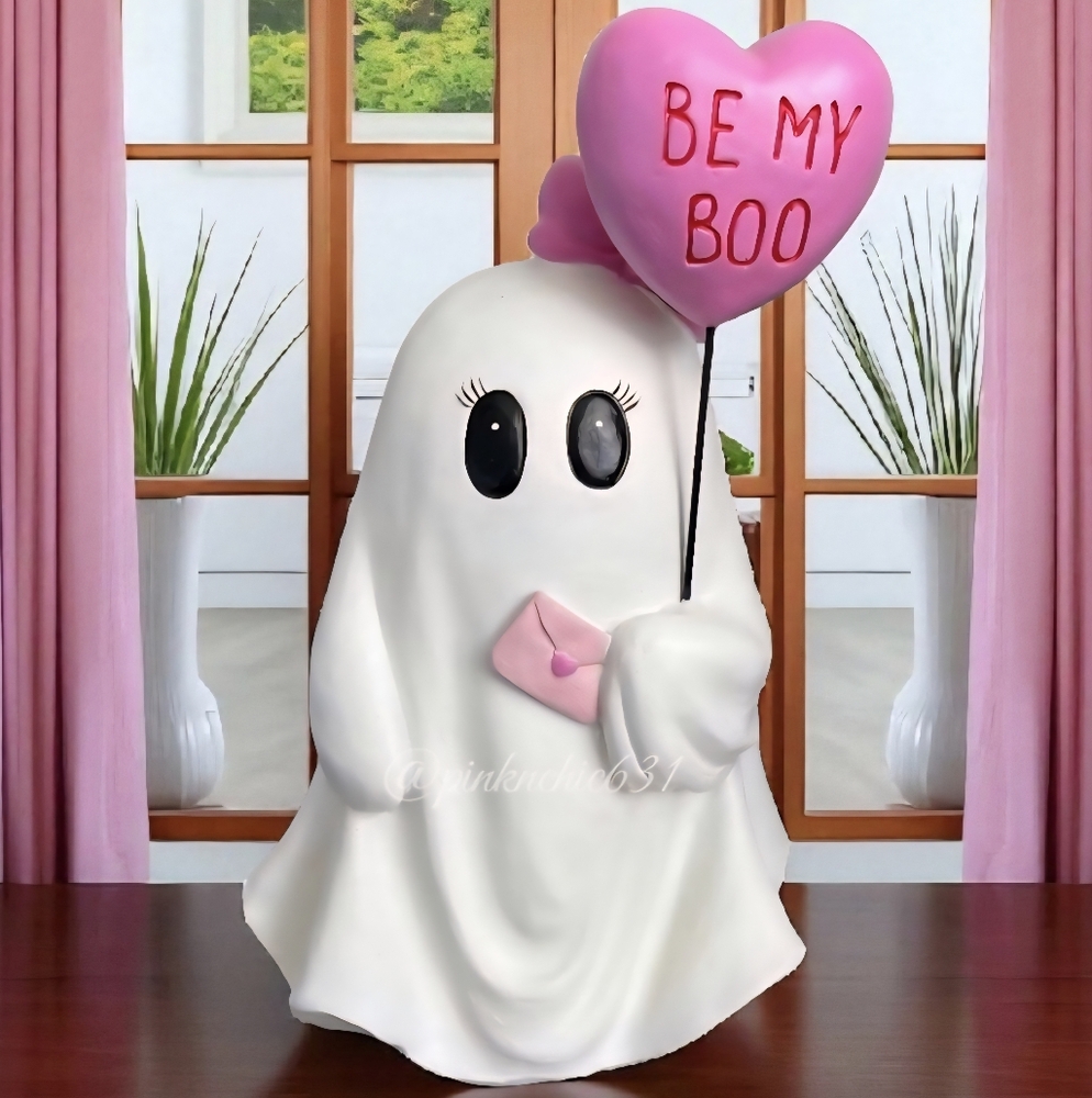 Ghost Statue Be My Boo Holding A Pink Heart Balloon